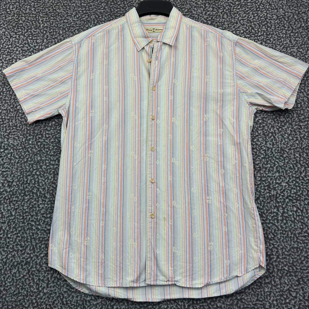 Tommy Bahama Button Up Shirt Men Large Striped Short Sleeve Collared Cotton L